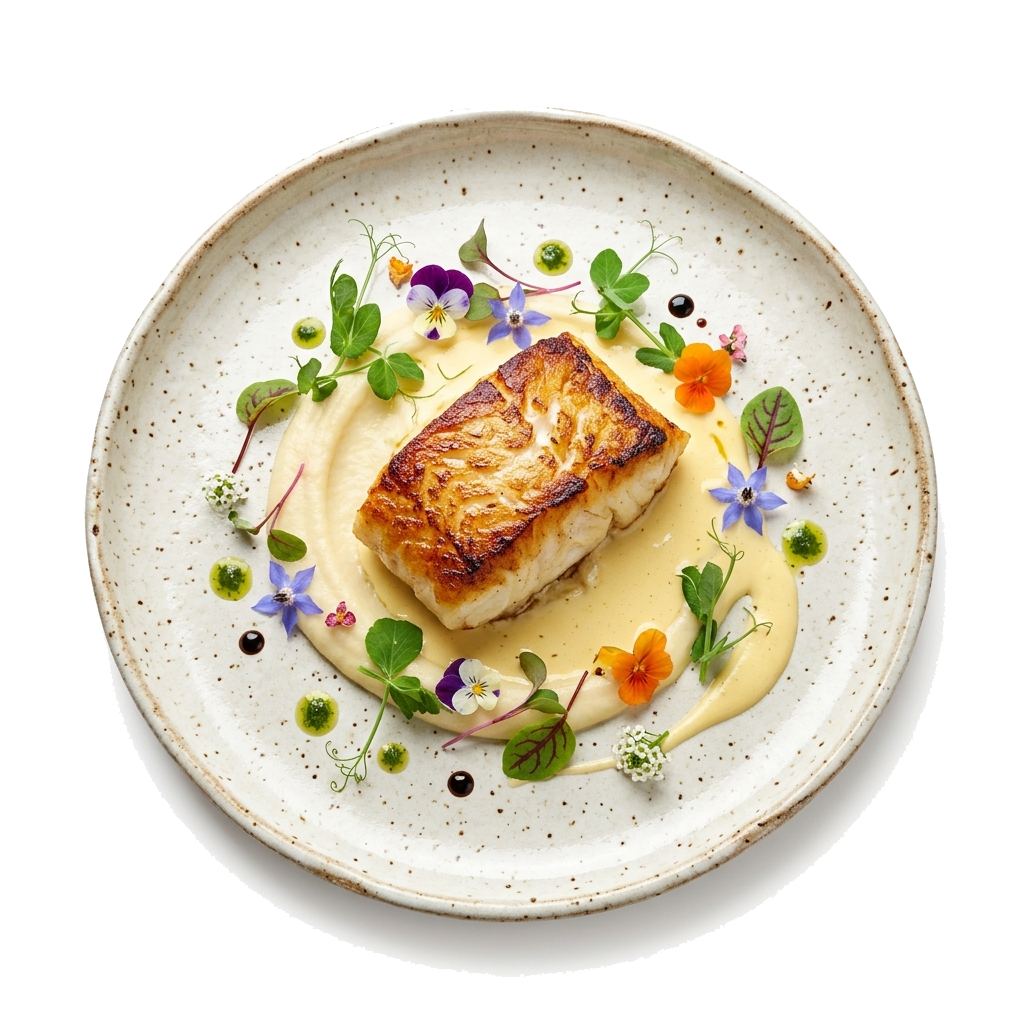 Gourmet artisanal plated food creation with culinary sauce drizzle and herbs