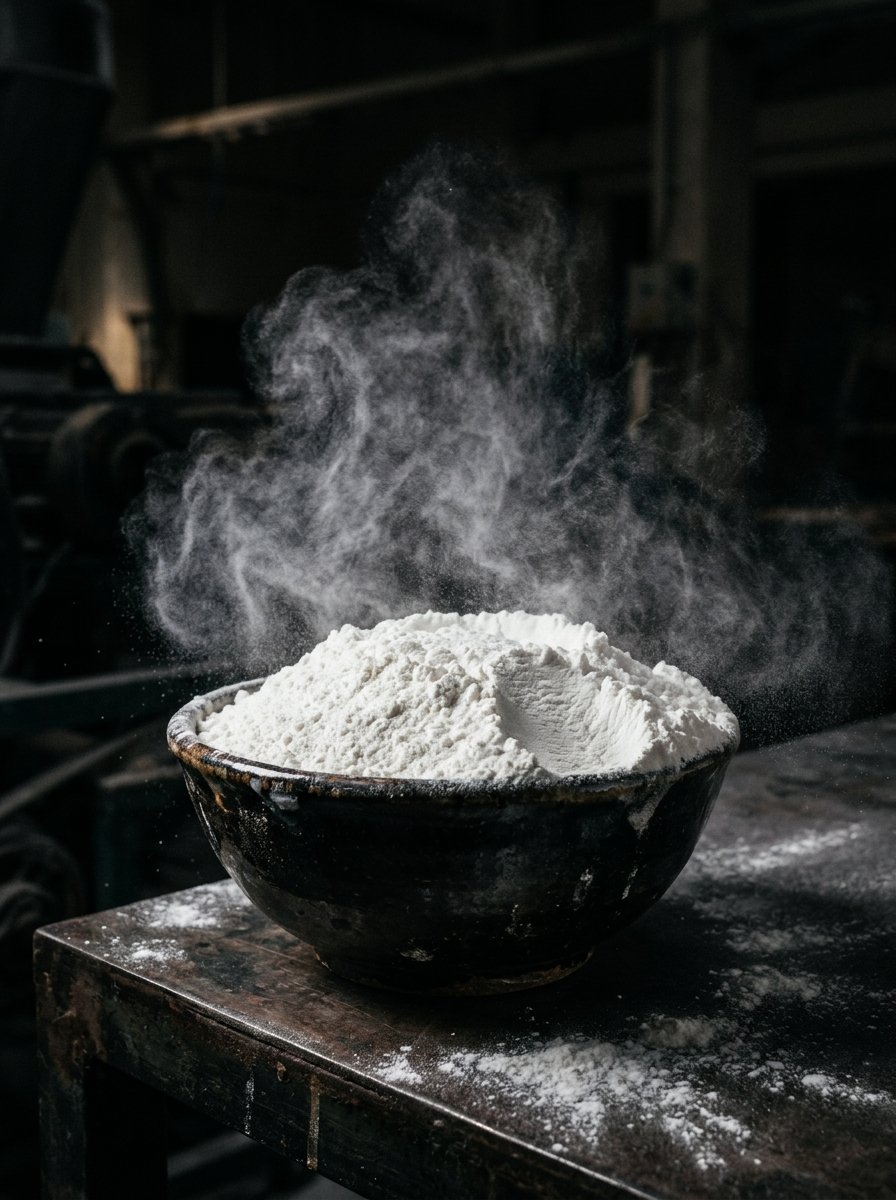 Ultra-fine white food grade starch powder in ceramic bowl