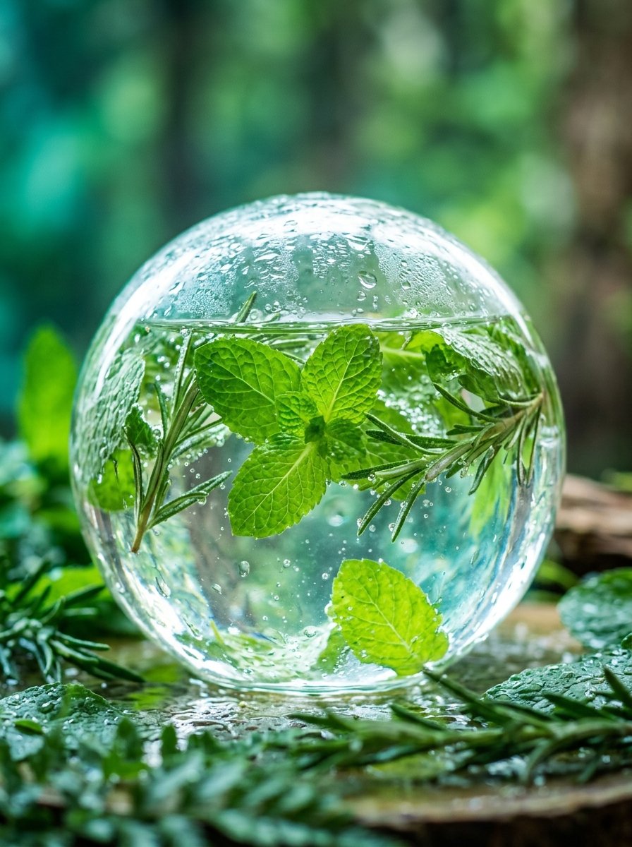 Fresh green botanical herbs inside clear glass orb
