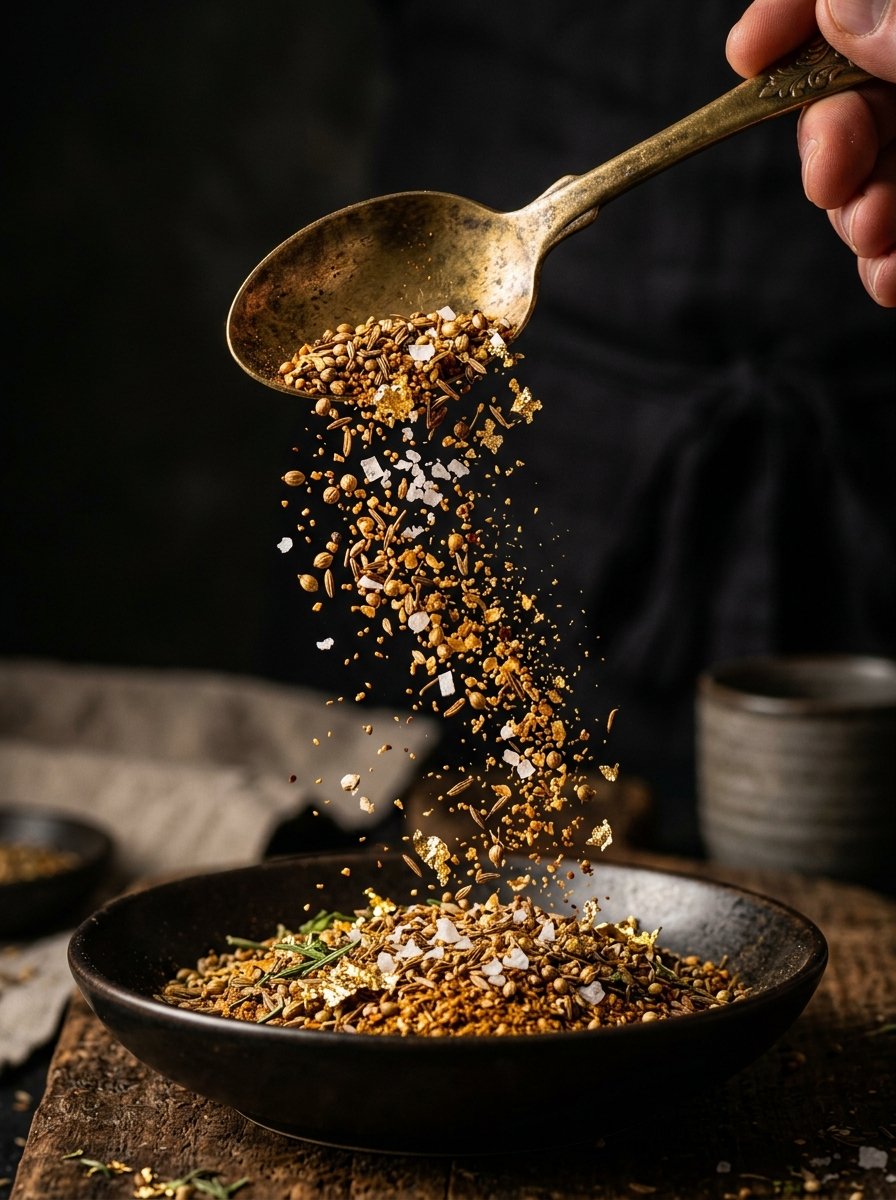 Macro spoon pouring savory seasonings