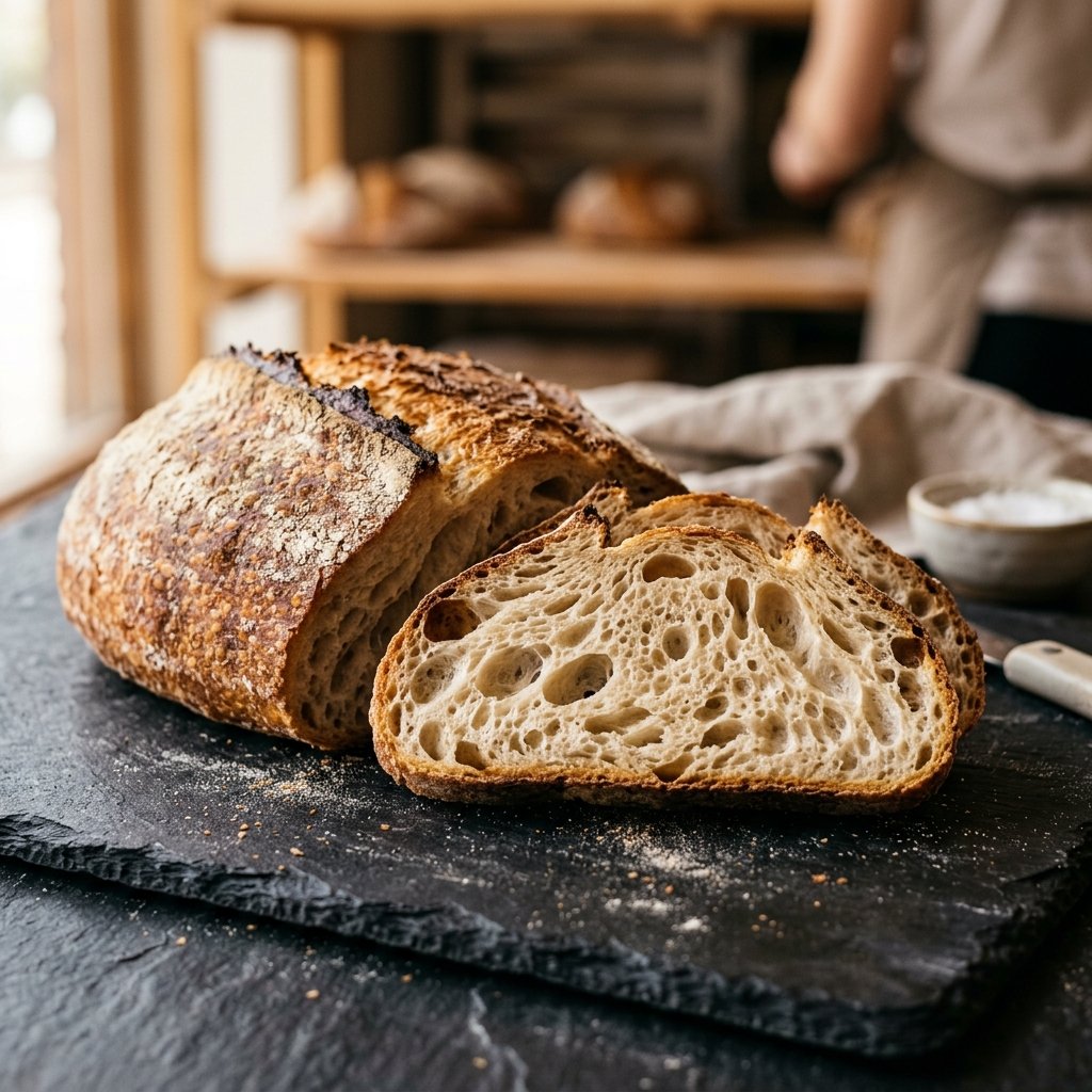 Golden sliced artisan bread with open airy crumb